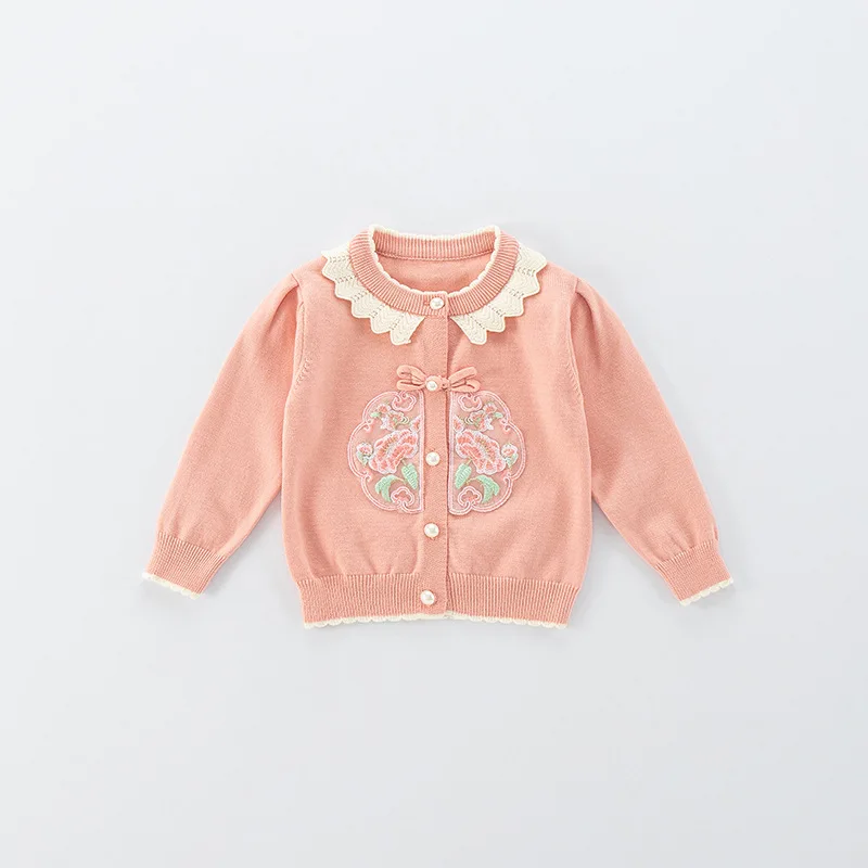 Autumn New Newborn Girls Sweater Single Breasted Lace Collar Floral Embroidery Baby Girls Cardigan Patched Infant Girls Knitwear