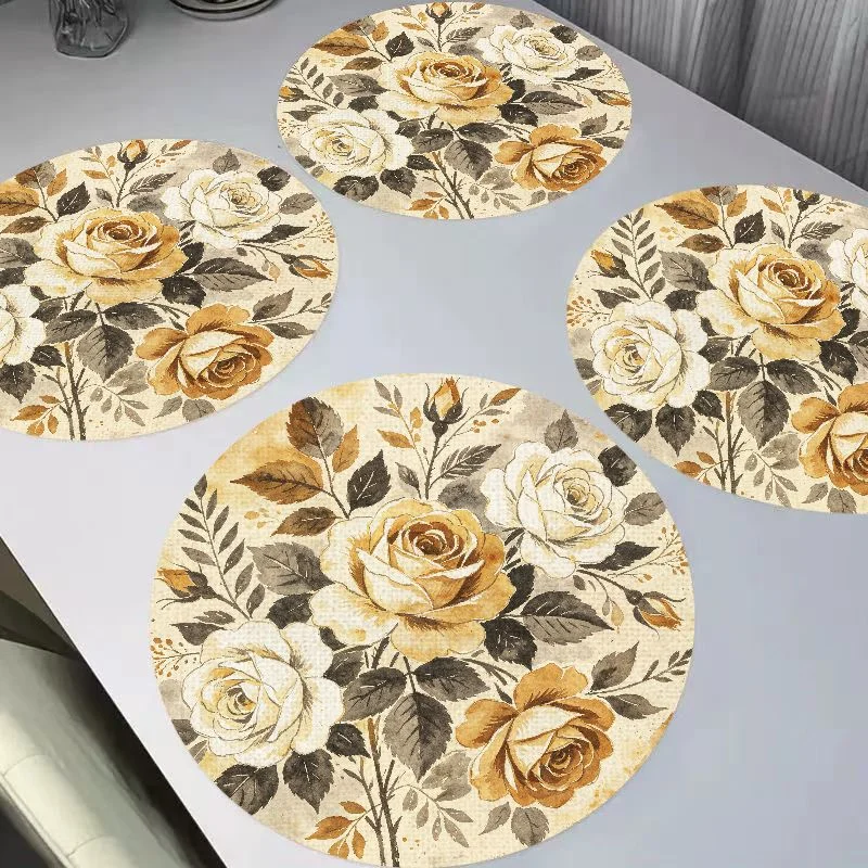VIKAMA New Chinese Gilded Round Linen Placemats, Heat Resistant for Dining Table Kitchen Decor