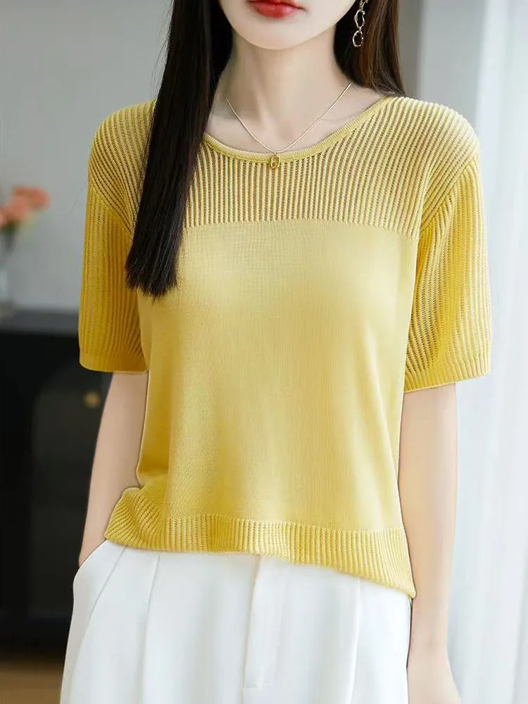 Verano 2025 nueva camiseta redonda de punto Sle para mujer ahuecada fina ort Sve Lyocell Top de seda Color de ajuste suelto