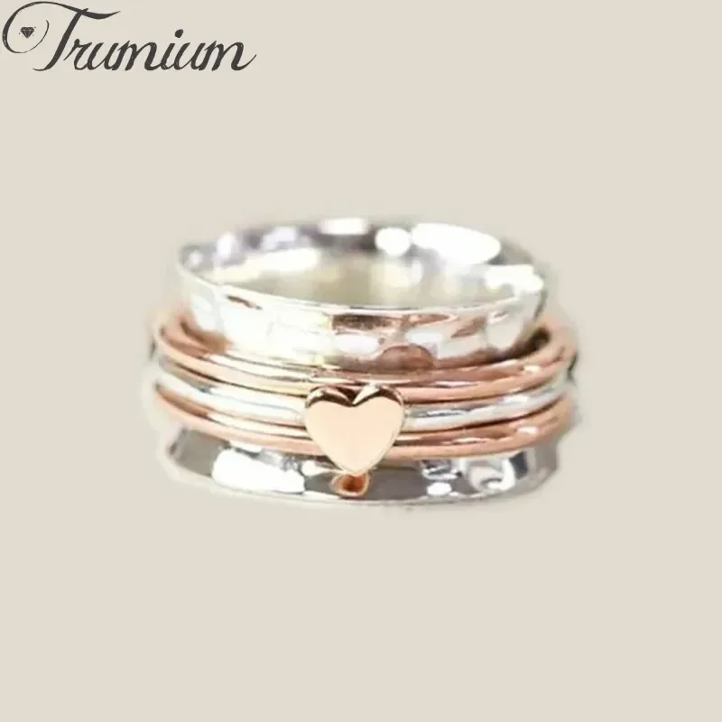 Trumium Fashion Alloy 3-Layer Circle Heart-shaped Rings for Women Worry Stress Relief Personality Exaggeration Rotating Ring