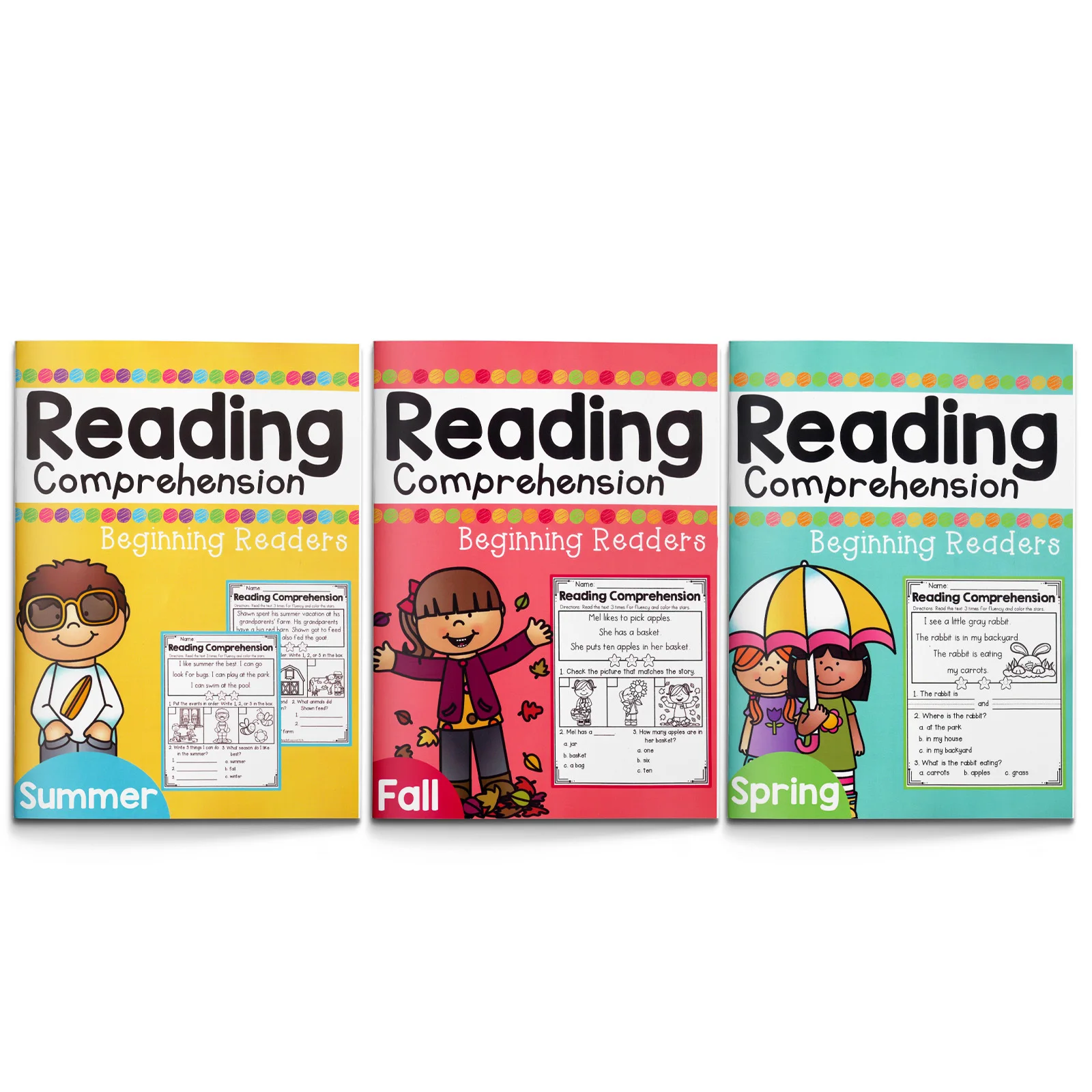 3-Book Set Reading Comprehension Workbooks for Beginning Readers, Seasonal English Practice Collection with Summer