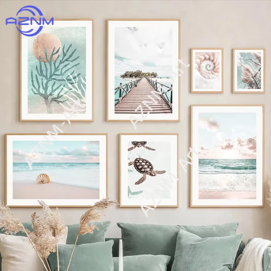 1 Stück, Rosa-Blaue Ozean-Muschel Korallen Wandkunst Leinwanddruck Nordische Poster und Drucke Wandbilder für Wohnzimmer Zuhause