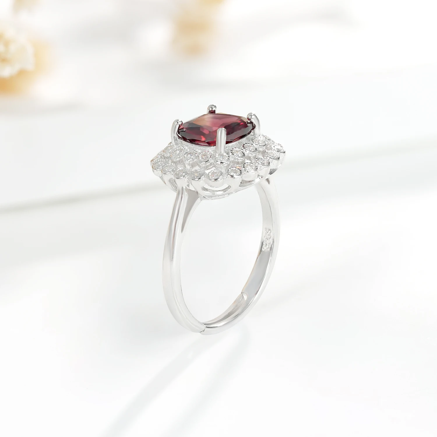 SILE 100% 925 Sterling Silver Adjustable Ring Women Square Natural Garnet Ring Luxury Jewelry Bridal Wedding Engagement Jewel