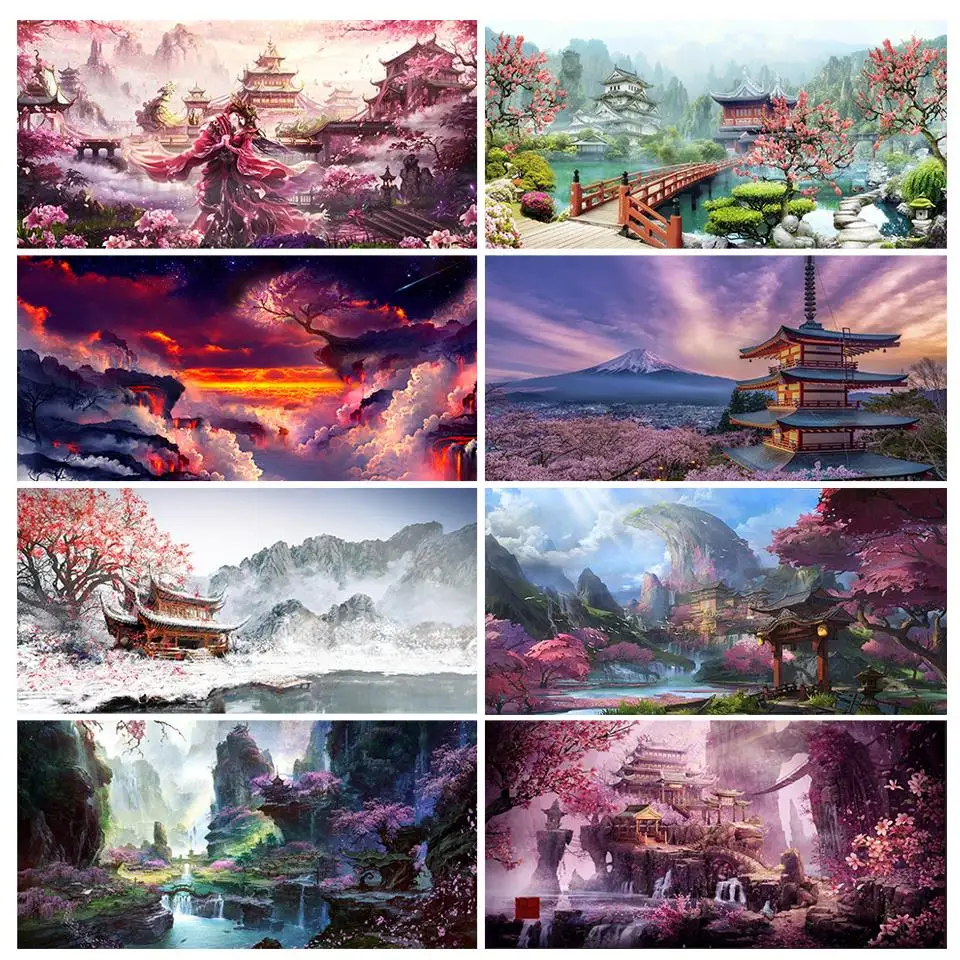 5D DIY Diamond Painting Temple Series Fantasy Landscape Cross Stitch Kit Mosaic Pictures Full Drill Sakura Embroidery Home Decor