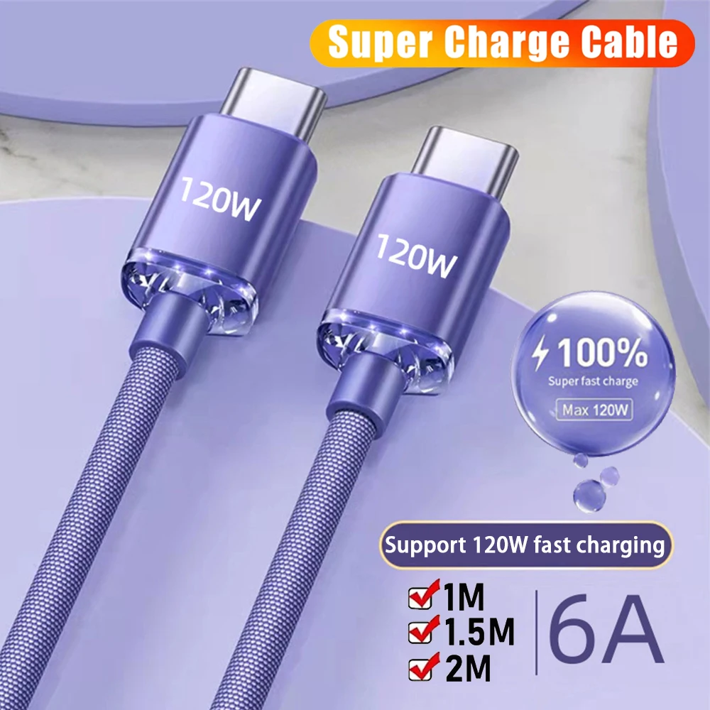 120W PD 6A Super Fast Charging Cable Dual Type-C Charging Cable Braided Quick Charge Data Cord For iPhone17 Xiaomi OPPO Samsung