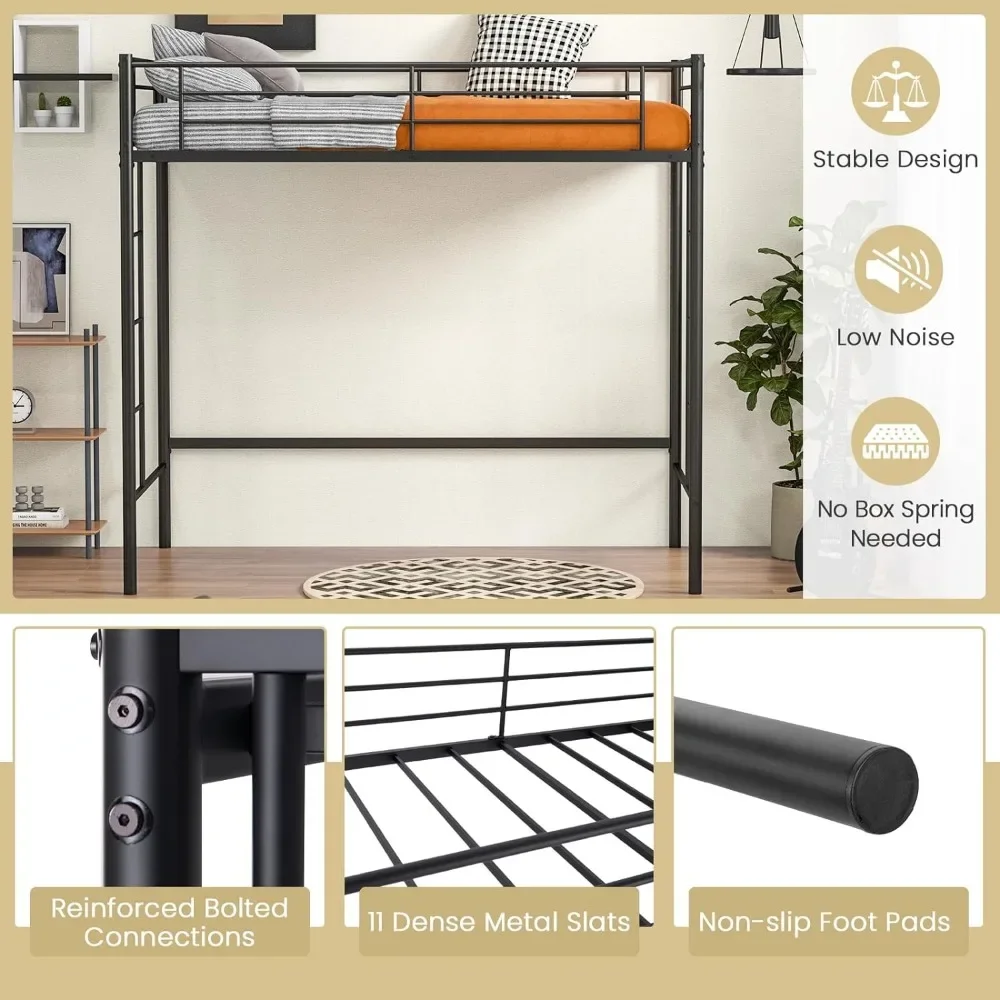 Metal Loft Bed Frame com escadas duplas e Guardrail de segurança, cama tamanho Twin, Heavy Duty, preto, sem Box Spring necessário