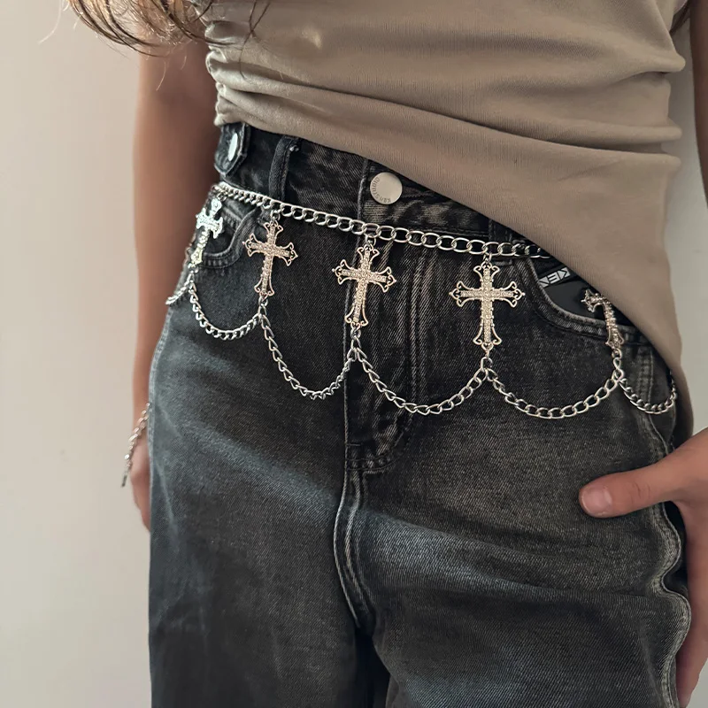 Luxury Designer Women's Wasit Chain Belt Female Cross with rhinestone Gothic Accessories Punk Tassle Waistband Dress Jeans Belt