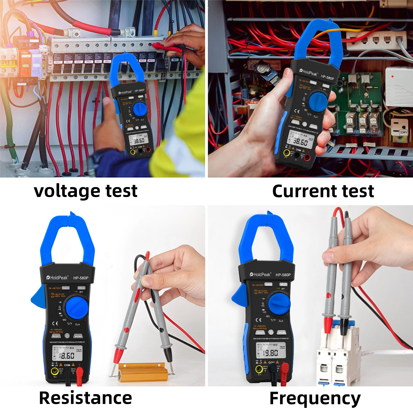 HOLDPEAK HP-580P Three-Phase Clamp Meter 9999 Display Power Tester Meter In-Rush Current,True RMS,ACV,ACA,KW,KVA,for HVAC