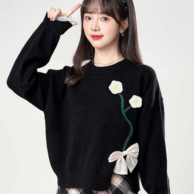 Flower Bow Patchwork Forked Tops Long Sleeve Pullovers Casual All Match Sweater