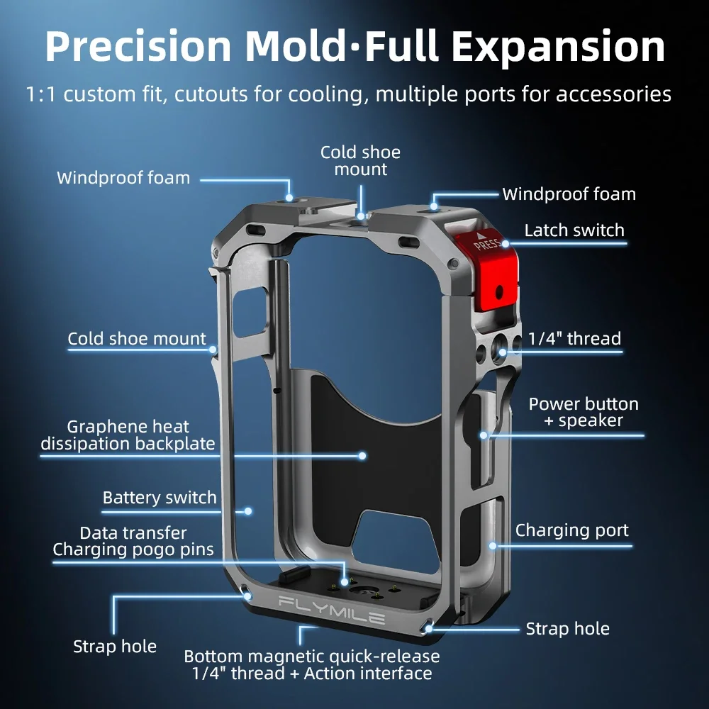 Flymile Metal Protective Case for DJI Osmo 360 II Aluminum Alloy Multifunction Cage Heat Dissipation Frame Cage Vlog Accessory