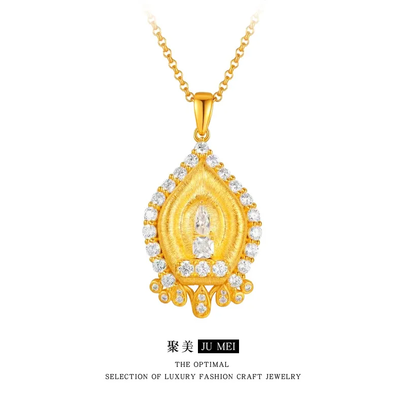 Genuine Kt18 Gold Color Prayer Pagoda Zircon Pendant Necklace for Women Bride Jewelry Wedding Birthday Gifts