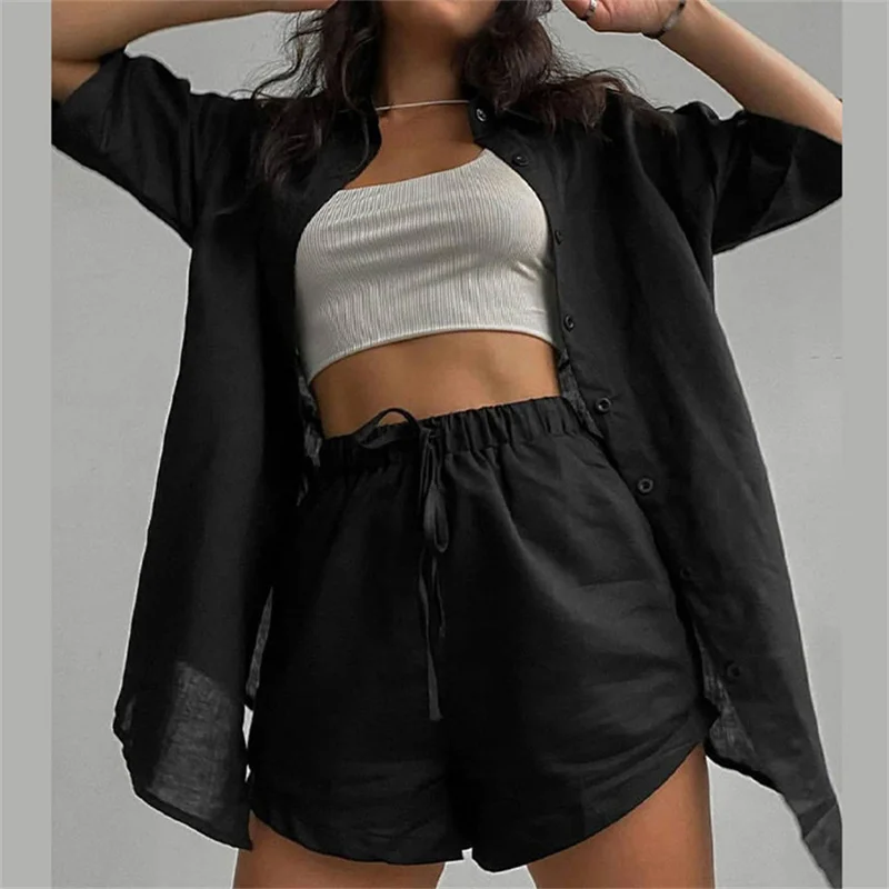 Summer Casual Tracksuit Women\'s Shorts Suits Green Streetwear Short Sleeve Shirt Tops Loose Drawstring Mini Shorts Two Piece Set