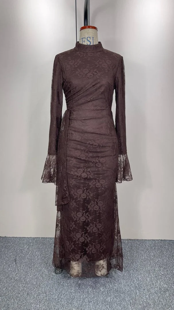 Women Lace Fitted Dresses Solid Evening Dress H Line Ankle Lenth Bell Sleeve Waist Cinch Slim Fit Party Sexy Elegant 2026 Summer
