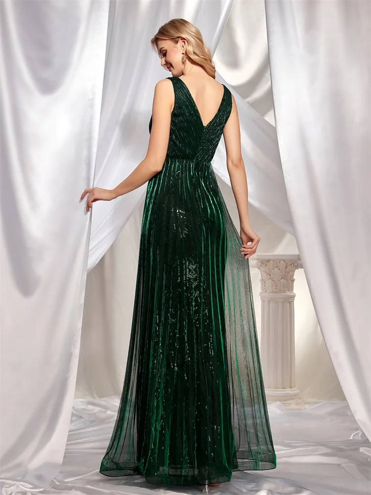 Lucyinlove Elegant Deep V Neck Green Sequin Evening Dress Long 2024 Luxury Women Sleevesless Party Dress Prom Cocktail Dresses