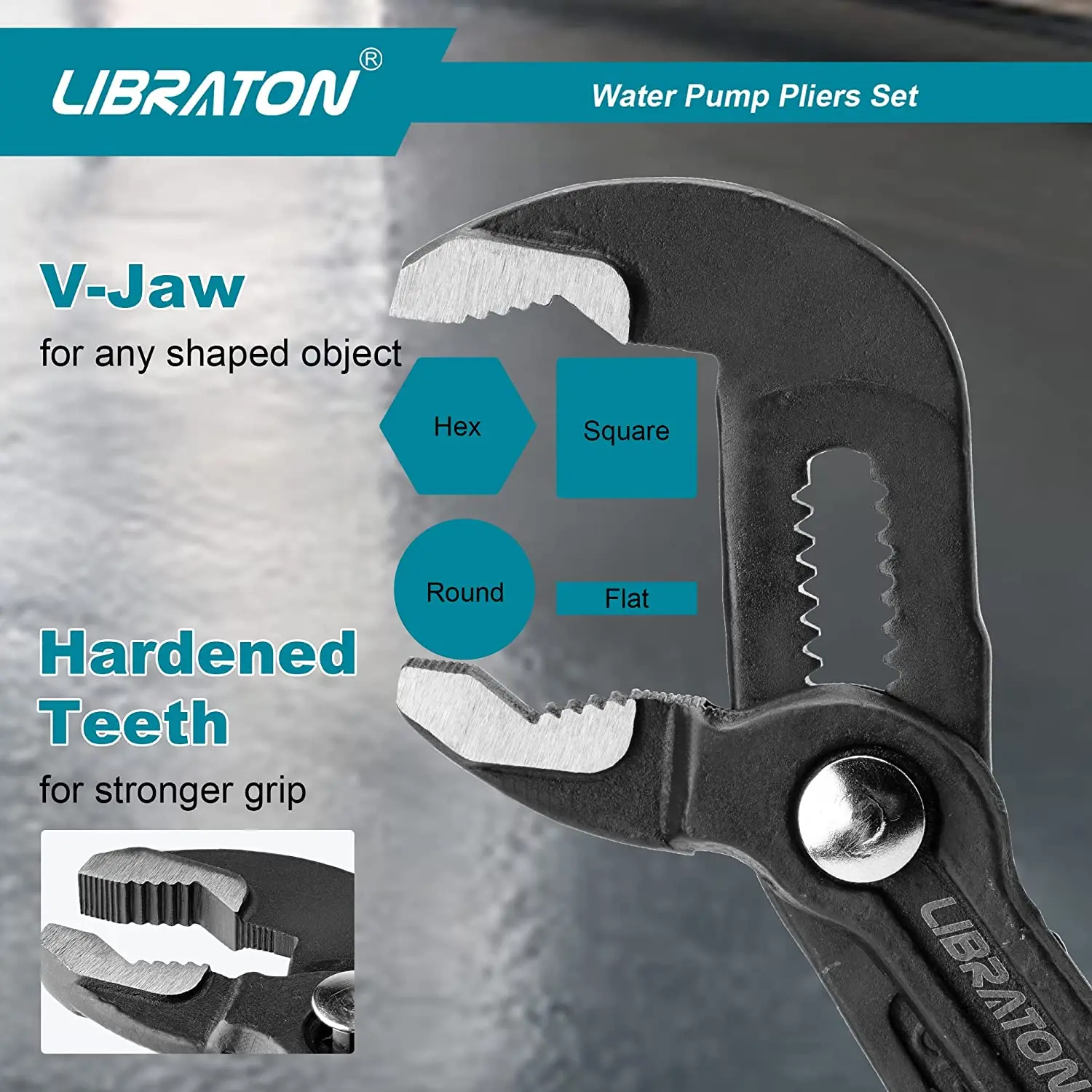 Libraton 3PCS Plumbing Pliers Kits, Water Pump Pliers, Groove Joint Pliers Set, V-Jaw Tongue and Groove Pliers in CR-V Steel