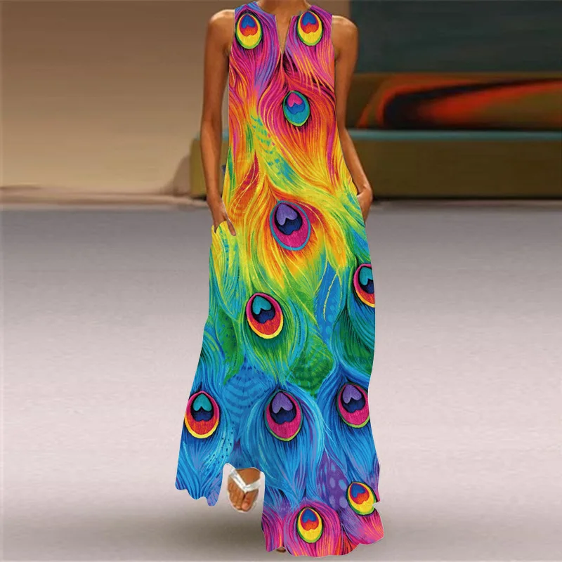 

Women Peacock Feather Printed Summer Boho Dress Sexy V Neck Sleeveless Tank A Line Loose Beach Party Maxi Dress With Pockets 5XL