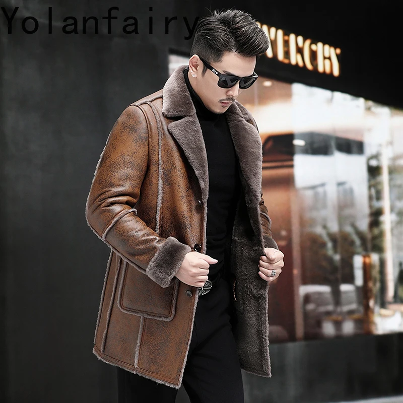 YOLANFAIRY Real Sheepskin Leather Jackets Man Winter Mid-length Genuine Lamb Fur Natural Fur Coat Men Fashion Abrigo Piel Hombre