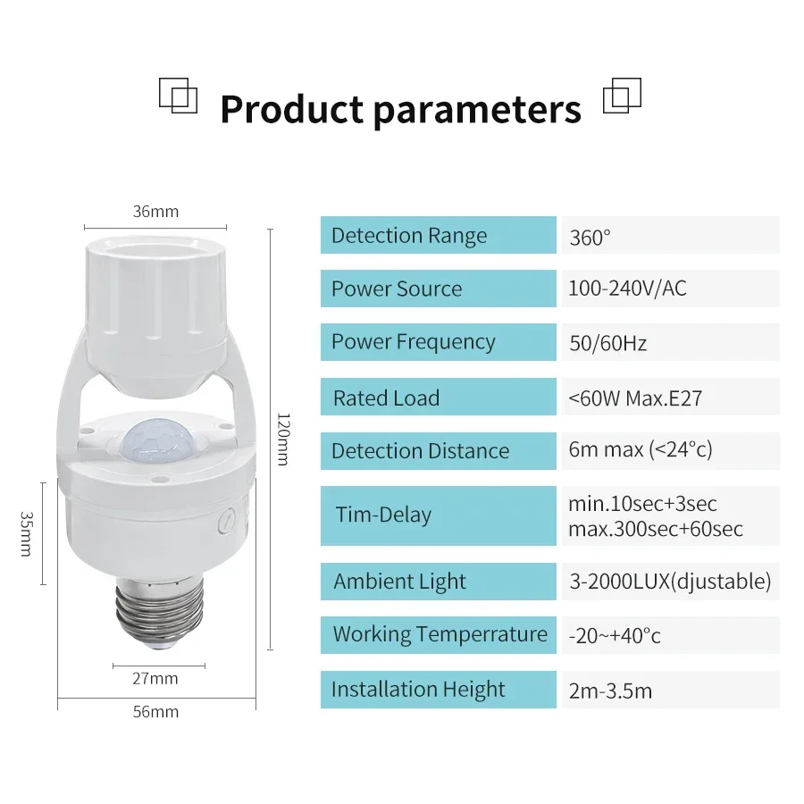 PIR Motion Sensor E27 Bulb Socket Lamp Base AC110-220V Human Body Detector Home Automation Auto On Off Light Switch Adjustable view 4