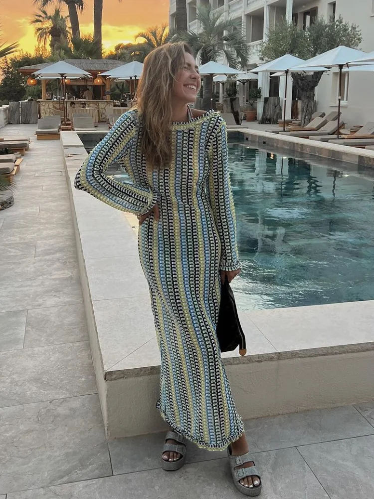 

Women Stripe Backless Long Dress Elegant Round Neck Full Sleeve Slim Fit Maxi Vestido 2025 New Summer Fashion Beach Holiday Robe