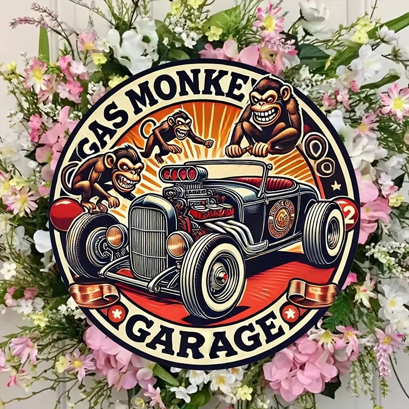 Vintage Gas Monkey Garage Hot Rod Rundes Blechschild, Retro Affe mit klassischem Auto Metall-Wandkunst, Rustikale Automobil-Themen-Dekoration