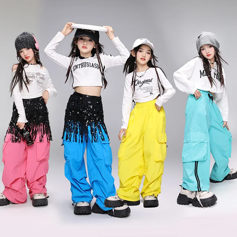 

Kid Cool Hip Hop Clothing White Letter Crop Top T Shirt Blue Casual Wide Ruched Cargo Pants for Girl Jazz Dance Costume Clothes