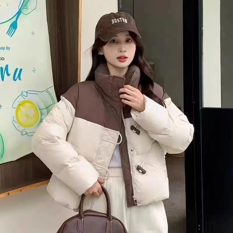 2025 Autumn/Winter New Women's Cotton Jacket Commuter Windproof Splicing Bull Horn Button Short Jacket