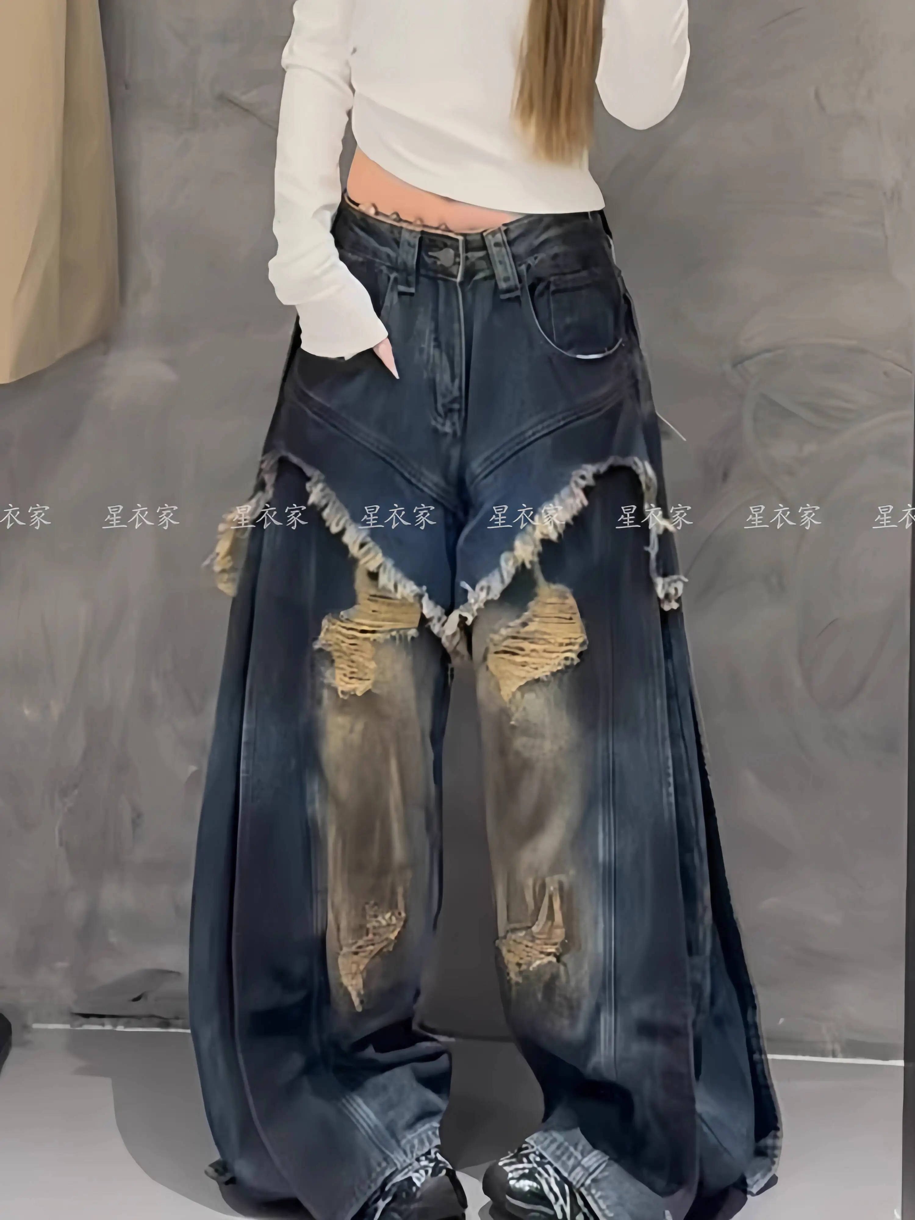 

Unisex Jeans 2025 New Edgy Women's Jeans Distressed Dirty Wash Rips Double Frayed Tassel Wasteland Floor Sweeping Denim Pants