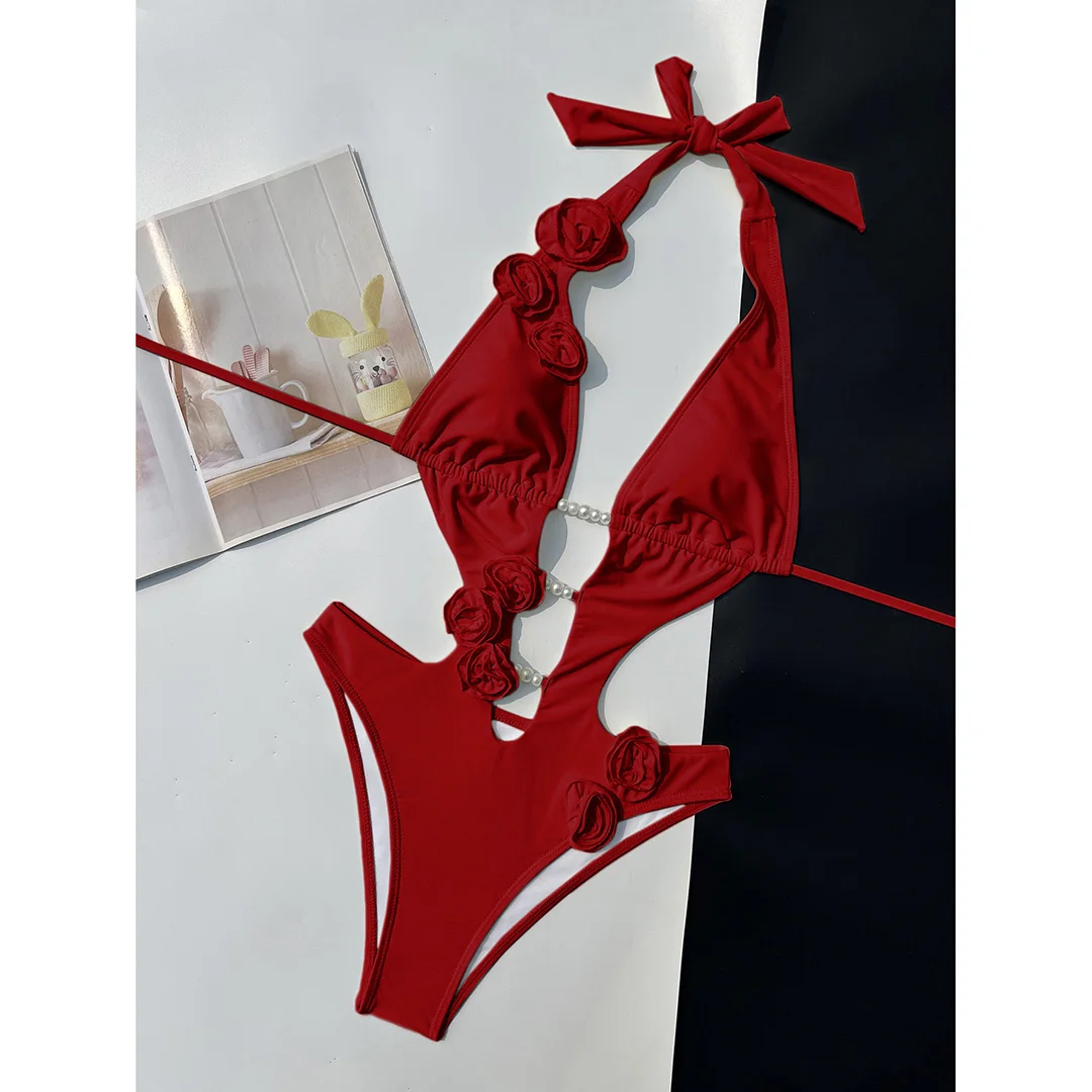 Rosa-rote Badeanzug-Bademode mit 3D-Blumenmuster, tiefem V-Ausschnitt, einteiliger Badeanzug für Damen, hoch geschnittene Beine, Monokini V6986P – Detail 2