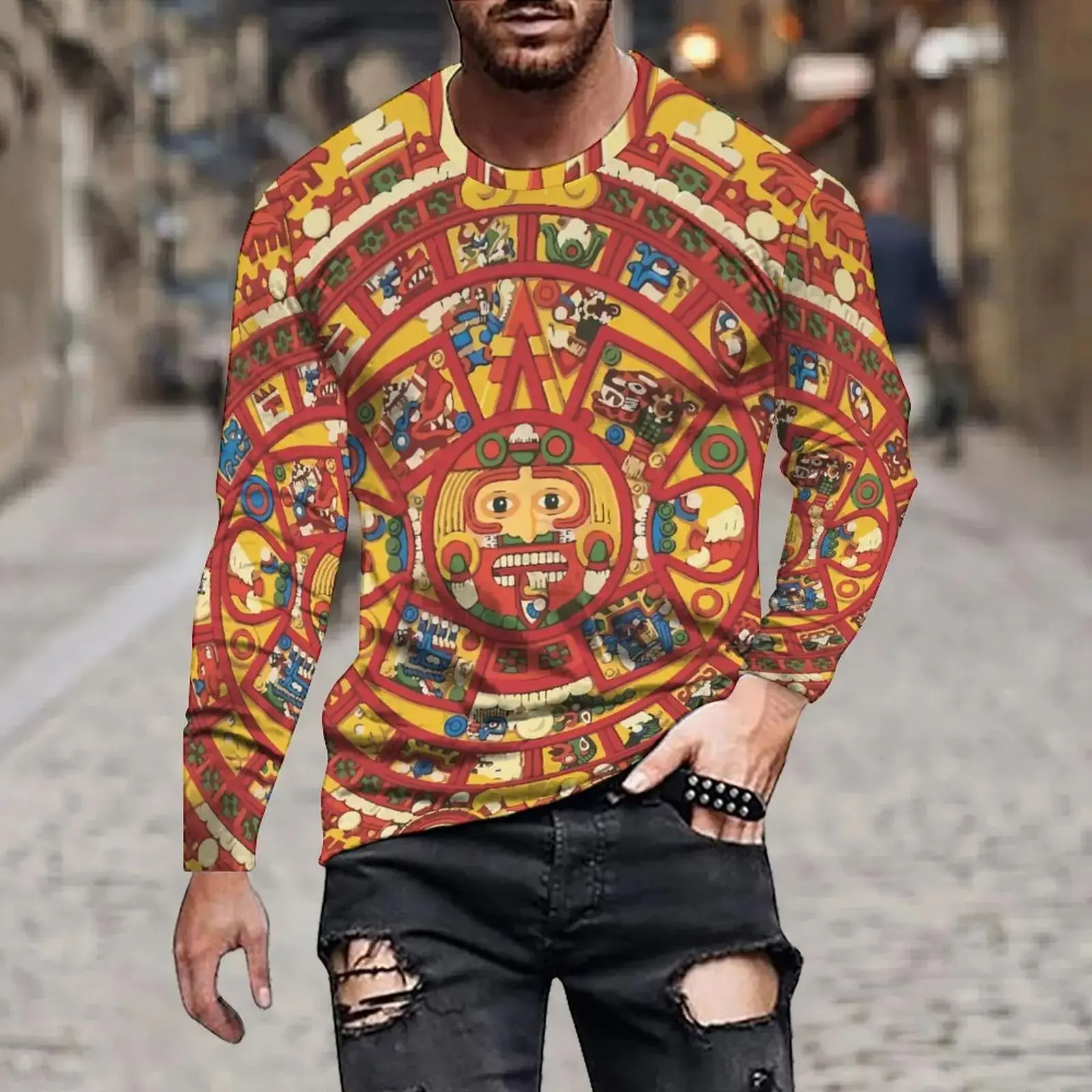 

Men's Fashion Harajuku Vintage Style Classic Pattern Printed Long Sleeve T-Shirt Personality 3d Printed Round Neck Loose Top