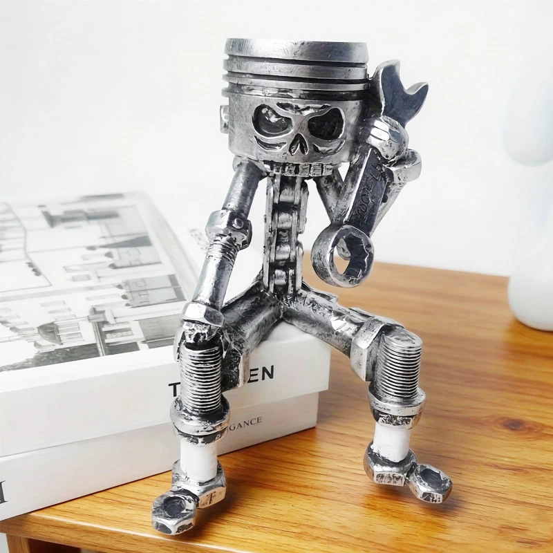 Resin Carved Piston Skull Face Sculpture Compact Mechanical Punk Style Figurine Handmade Art Figurine Decorative Accessory Gift