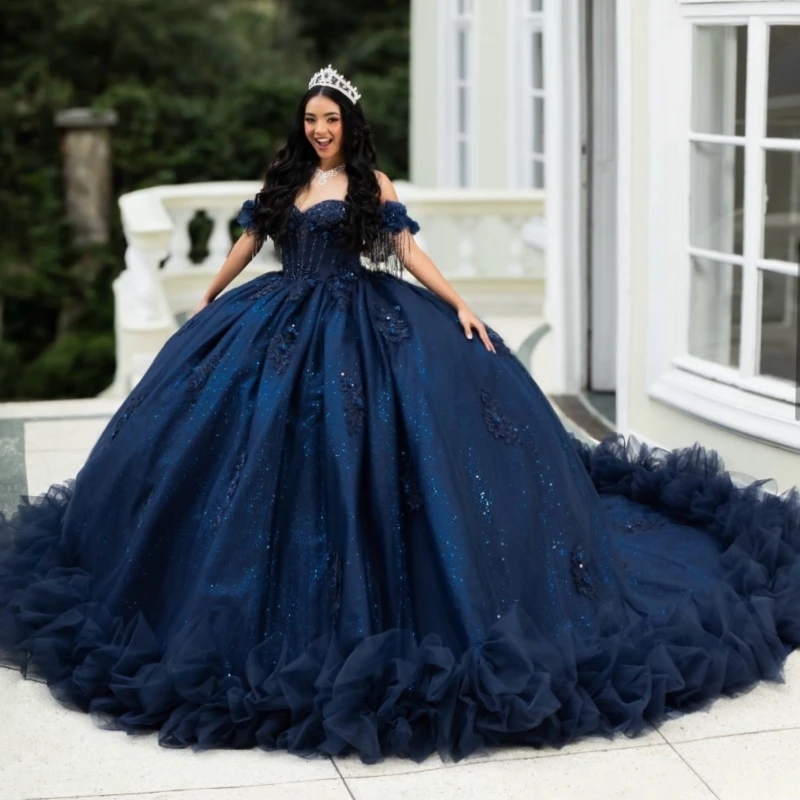 

Navy Blue Shiny Quinceanera Dresses Ball Gown Off The Shoulder Applique Lace Beading Crystal Tiered Tull Corset Sweet 16 Dress