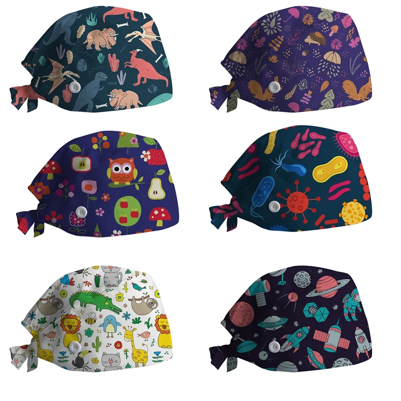 New Surgical Skull Printing Hats Adjustable Scrub Hat Beauty Salon Working Cap Laboratory Pet Shop Nursing Scrub Cap with Button