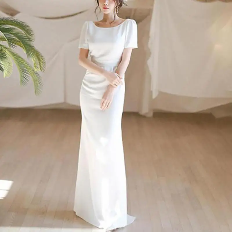 Backless Sexy Wedding Dresses Elegant Long Mermaid Dress With Short Sleeve Newest Satin Simple Bridal Dresses Customized