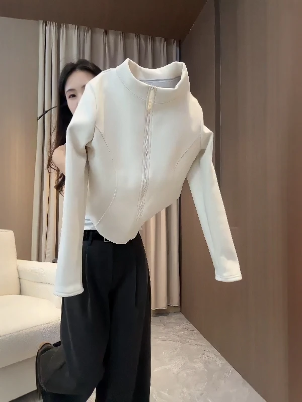 

Thiened, немецкая бархатная толстовка с длинным свеком, женская цветная облегающая толстовка больших размеров с двойной молнией и воротником-стойкой, повседневный топ