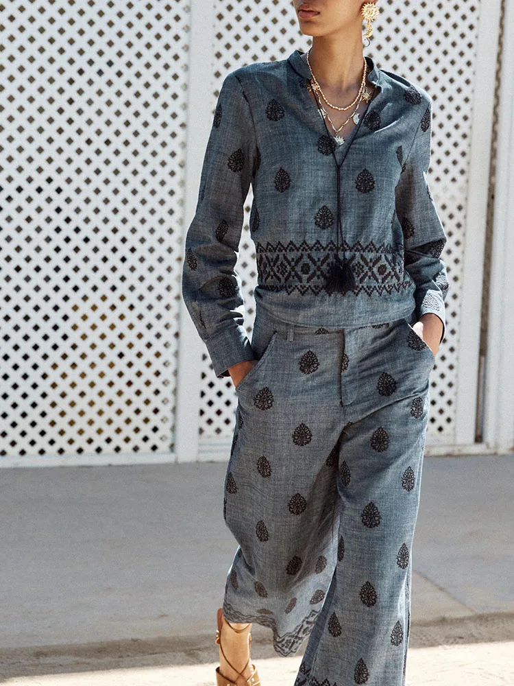 Spring New Arrival Women's Long Sve irt And Wide Leg Pants Faion Set V Ne Svel Long Pants Two Piece Set