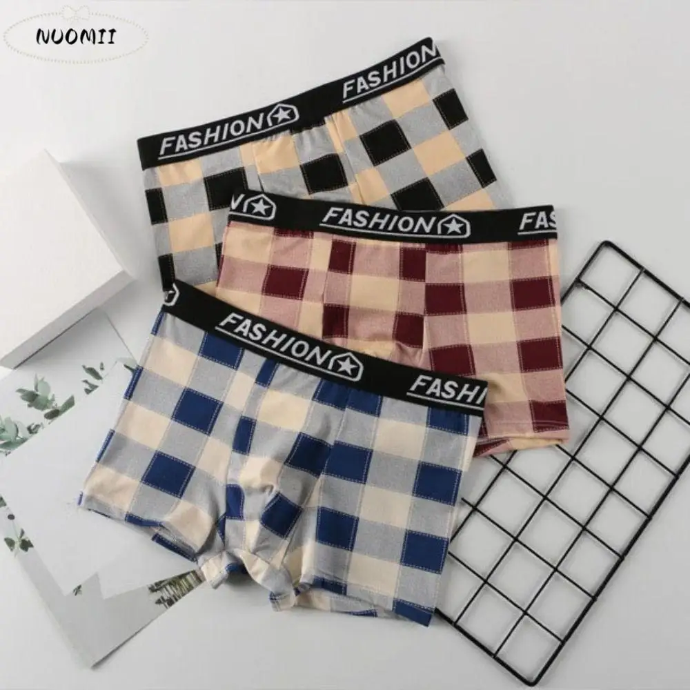 

5PCS Breathable Striped Grid Men Underwear Plaid Mid-Waist Boxer Shorts Elastic Male Lingerie Seamless Panties Men
