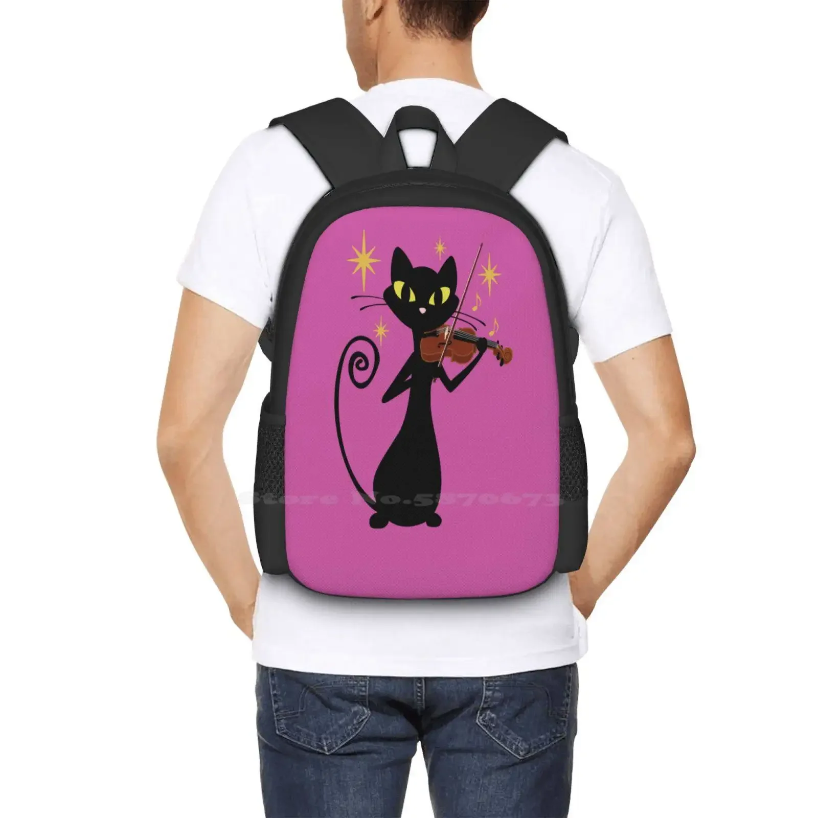 الكمان اللعب الرجعية القط الأسود رائجة البيع المدرسية على ظهره حقائب الموضة الكمان والقط القط والكمان القط الأسود الرجعية القط منتصف #6