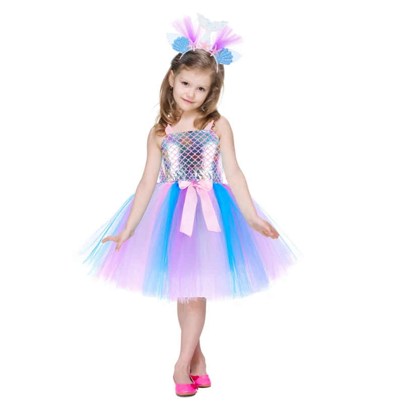 Children's Deep-Sea Mermaid Costume with Headpiece Girls' Puffy Skirt for Cosplay Performances Fish Scale Gown with Tutu Skirt