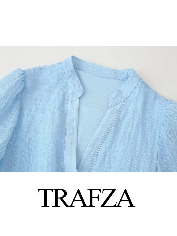 TRAFZA Women's Dress V-neck Laminated Decoration Long Sleeve Dresses Summer Female Chic Single Breasted With Belt Solid Dress