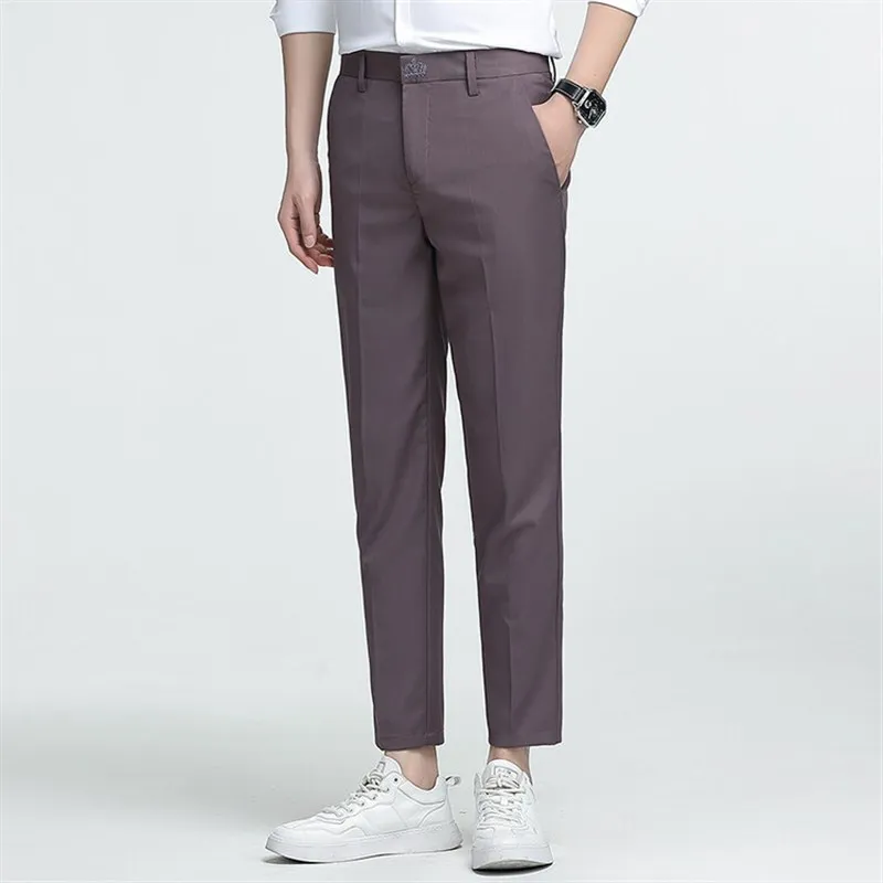 

Faionable Korean Sle Men's Straight Leg Pants 9-Piece Summer Autumn Casual Trousers Polyester Fiber mid Waist Straight Cut