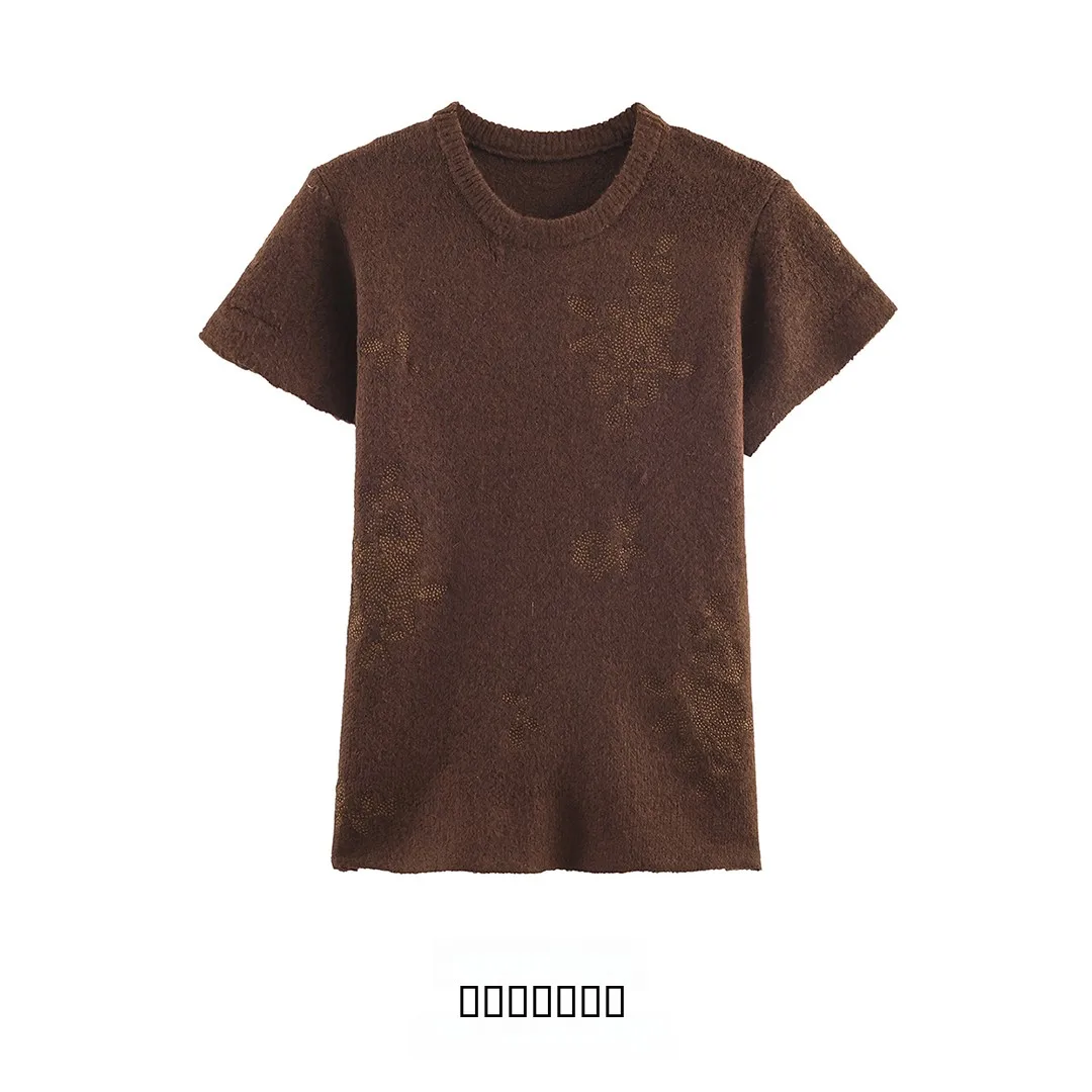 

KASLEAD New Women's Faion Simple Match ort Sve Knitted Top Embroidered Versatile Sle Polyester Fiber round Ne Pull...