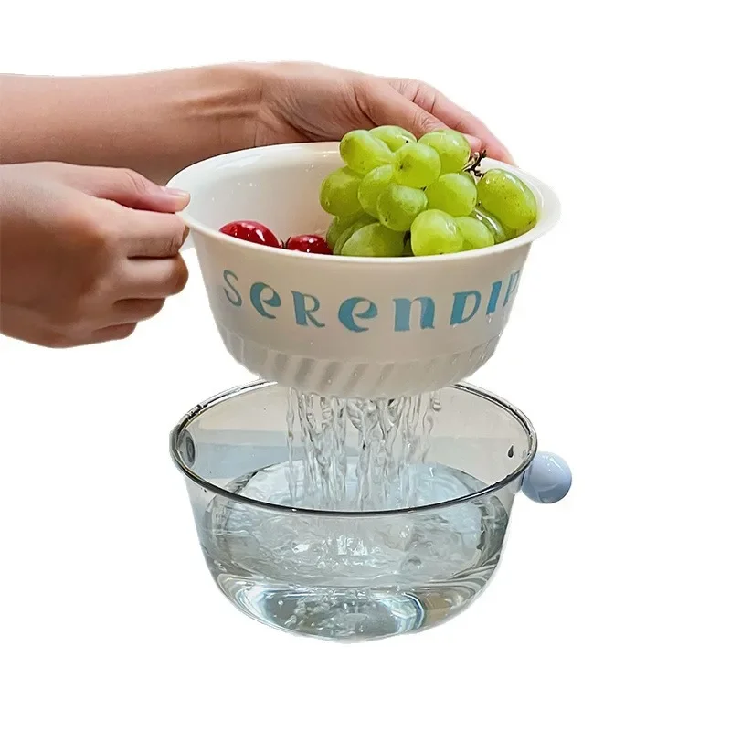 Double Drain Basket Kitchen Multifunctional Vegetable Washing Fruit Basket Bottom Water Filtration Living Room Fruit Plate