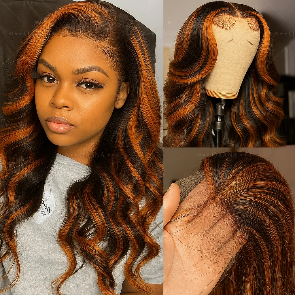 # 4/350 Omber Ginger с коричневыми бликами Объемные волнистые парики Человеческие волосы 5x5 Обновление кружева спереди Бесклеевые вьетнамские парики из человеческих волос