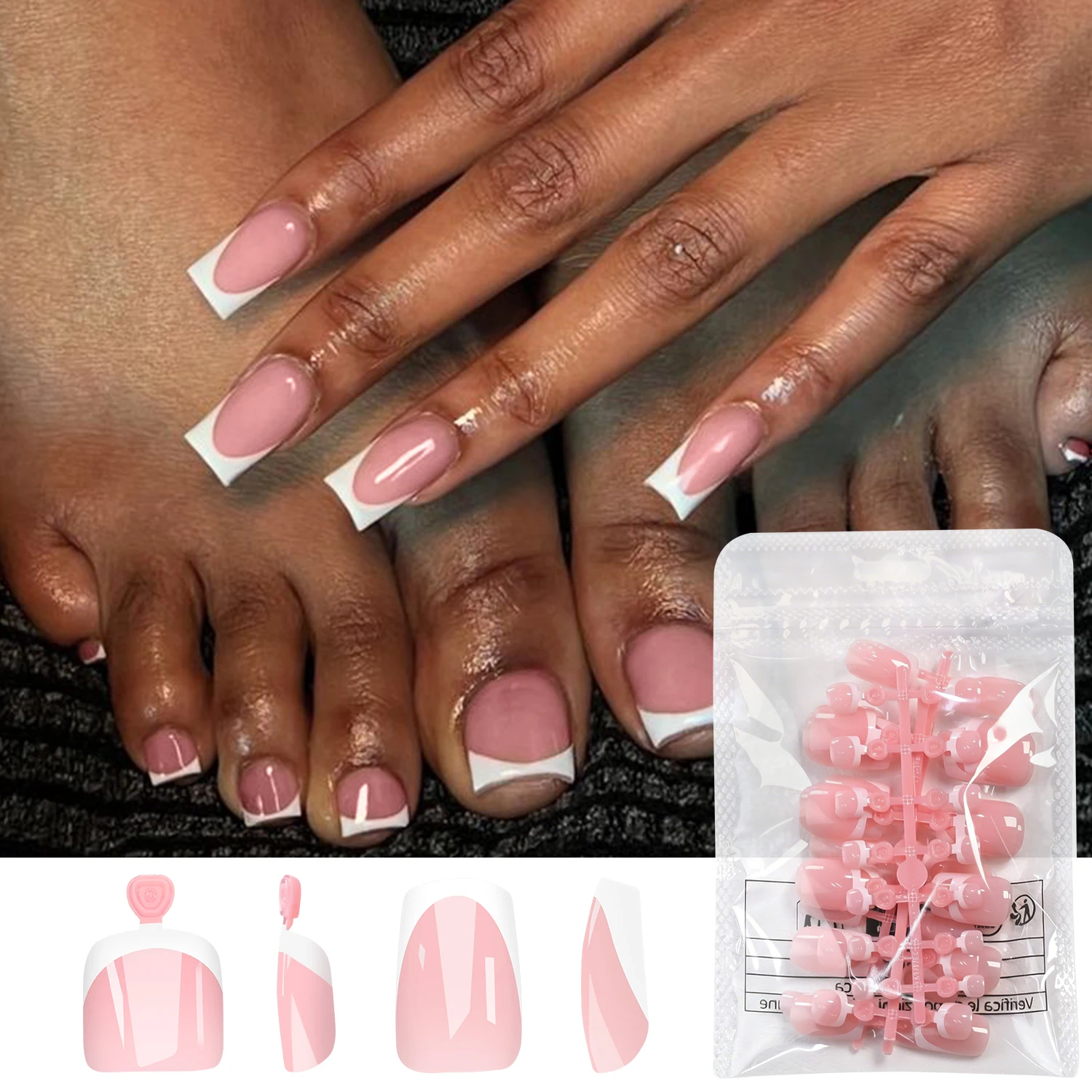 48Pcs French Tip Press On Nails Mani-Pedi Combo Nude Pink Fake Nails For Hand & Toenails Full Cover Square Artificial False Nail