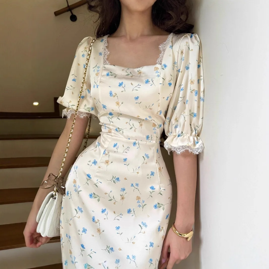 Spring 2025 Ele Satin Printed Ruffle Hem Dr Gentle Fairy Sle Midi Skirt Long Sve lectual Sle Women's Dr