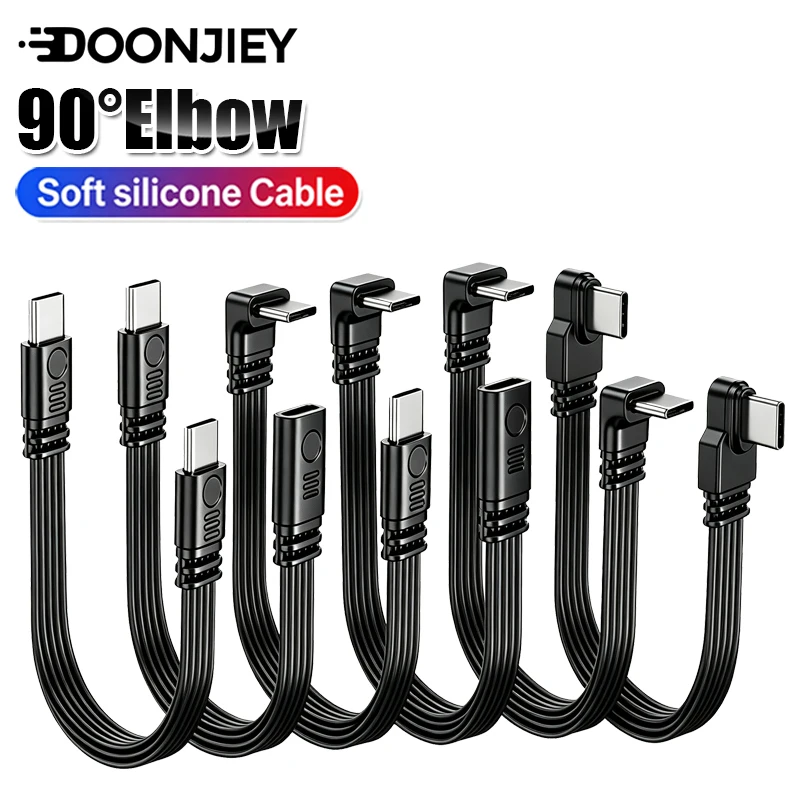 DOONJIEY 90 Degree Type C Flat Silicone Cable 480Mbps USB C Male To Female Extender Data Cord 45W Charging for Samsung Xiaomi