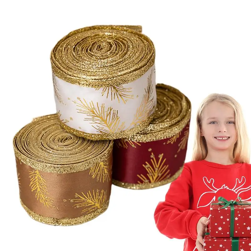 Christmas Ribbon Wired Edge Ribbons For Wrapping 3 Rolls Satin Ribbon Decorative Tie Streamer Farmhouse Decor Glittering Golden