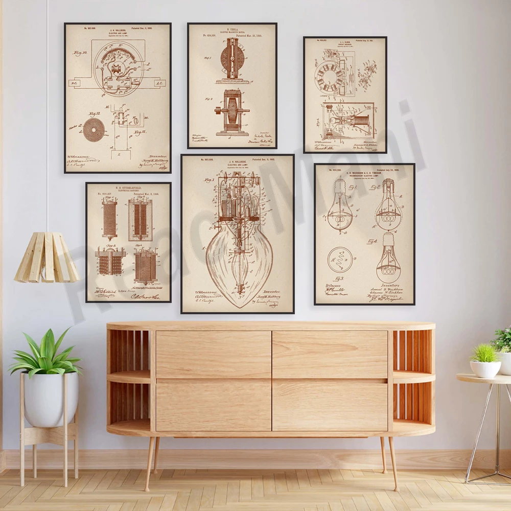 Electrical patent prints, electric motor blueprints, battery schemes ARC lamp patents Lineman electrician posters expert gifts