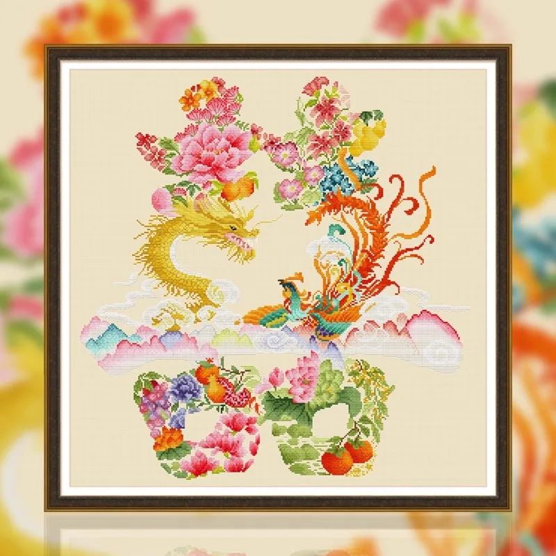 

Dragon and Phoenix Paintings Cross Stitch Kits Stamped 11CT 14CT Needlework DIY Patterns Handmade Embroidery Set 60 Colors