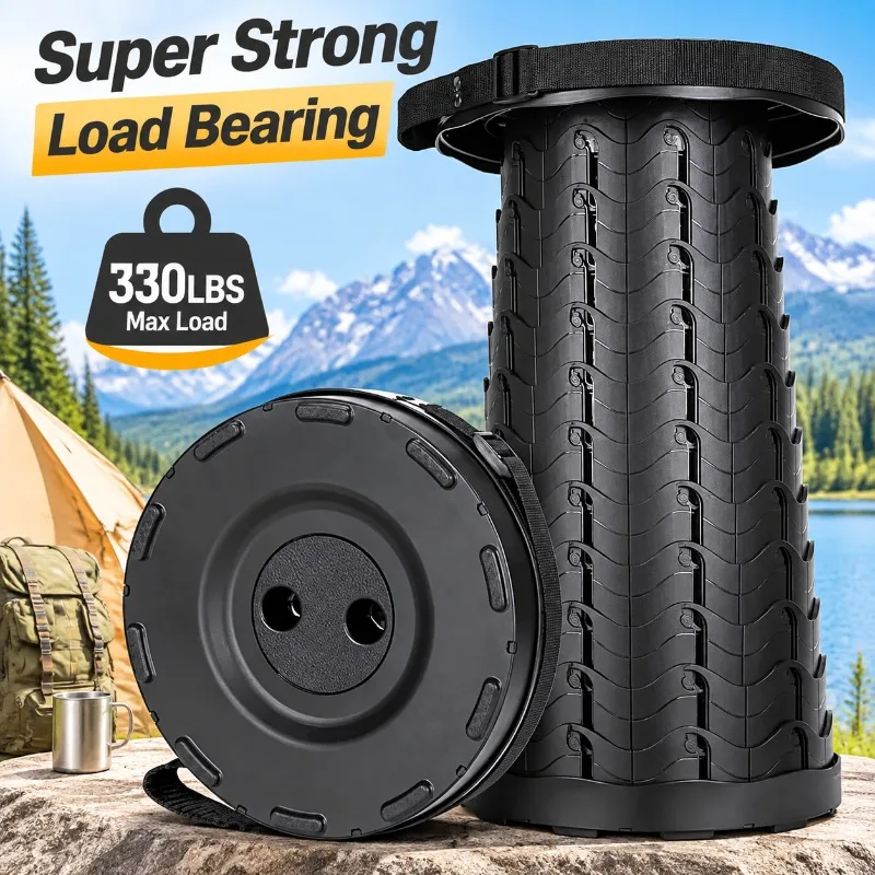 Telescopic Folding Stool Collapsible Camping Seat 330lbs Heavy Duty Adjustable Height Chair for Outdoor Hiking Fishing Commuting